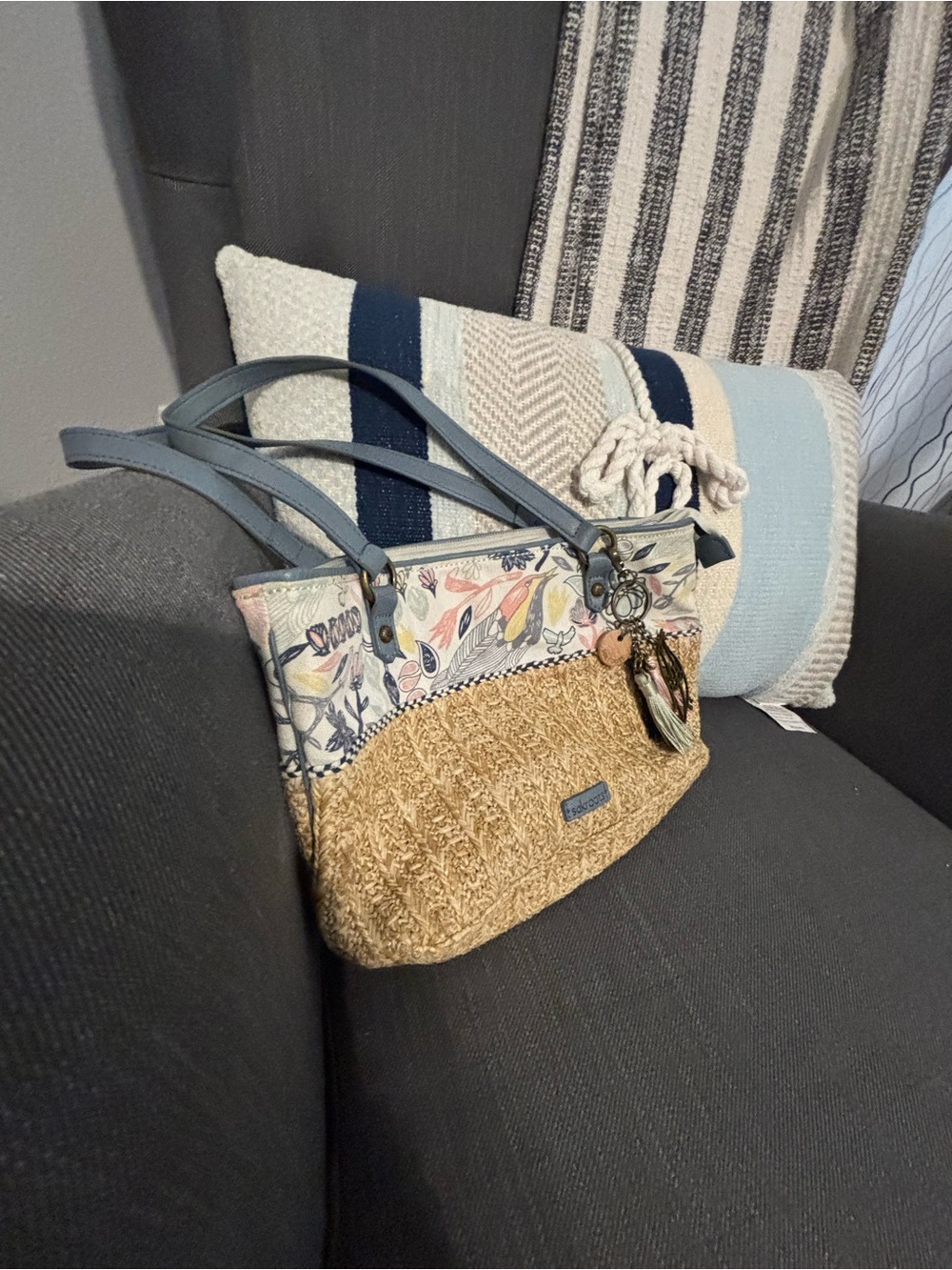 Sakroots Floral & Straw-Textured Shoulder Bag with Blue Handles